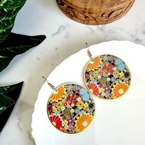 3/$22🩶 Colorful Floral Earrings 70’s Style Disc Dangle Lightweight Gold Boho NEW